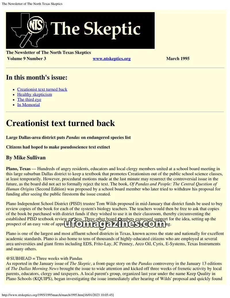 Cover of North Texas Skeptic issue Volume 9 Number 3: The Newsletter of The North Texas Skeptics