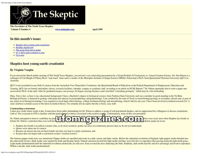 Cover of North Texas Skeptic issue Volume 9 Number 4: The Newsletter of The North Texas Skeptics