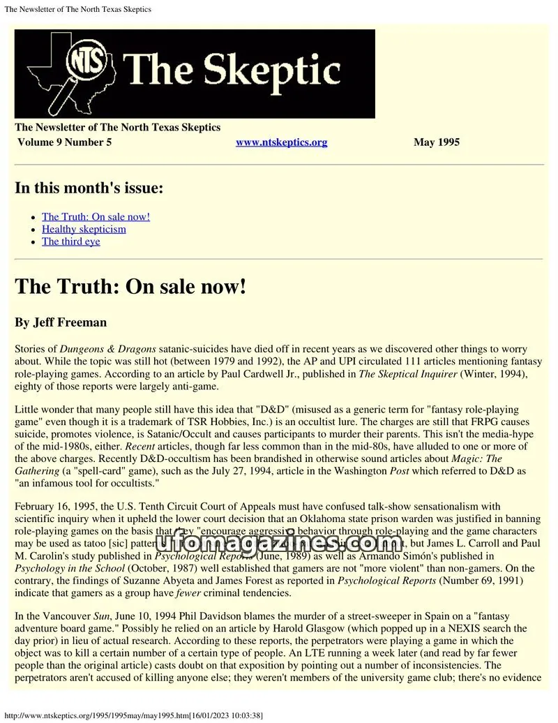Cover of North Texas Skeptic issue Volume 9 Number 5: The Skeptic
