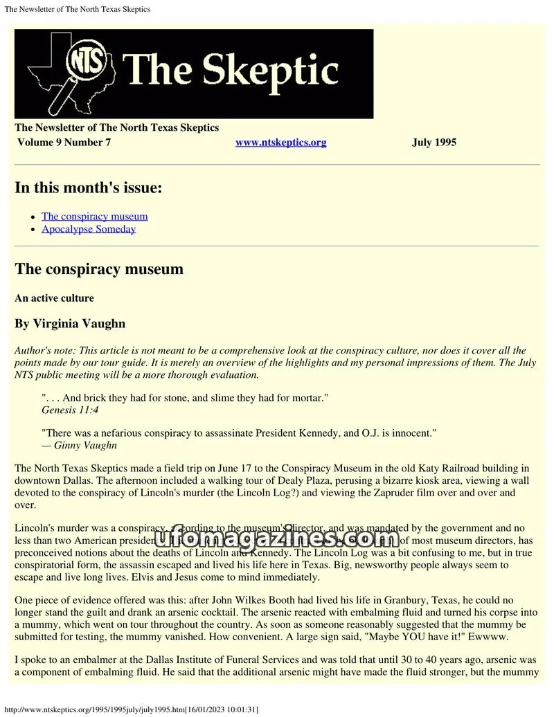 Cover of North Texas Skeptic issue Volume 9 Number 7: The Newsletter of The North Texas Skeptics