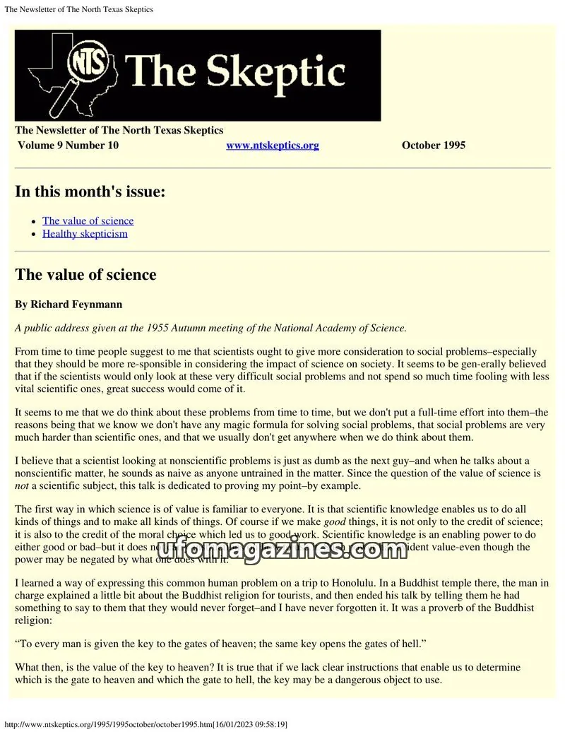 Cover of North Texas Skeptic issue Volume 9 Number 10: The Skeptic