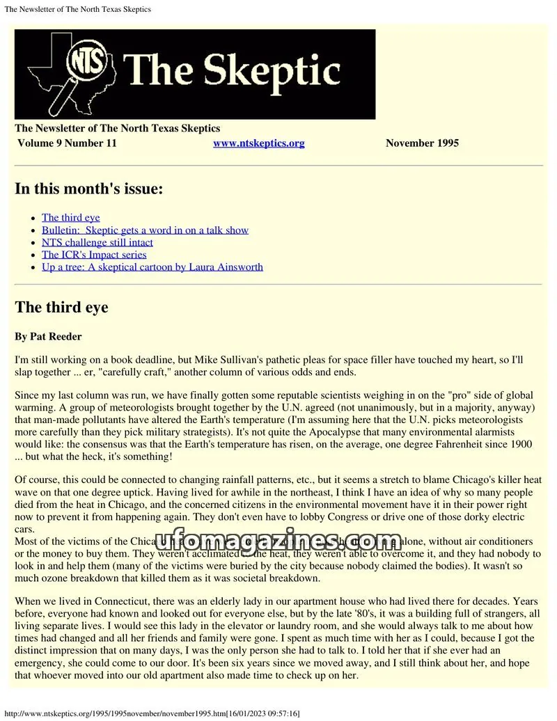 Cover of North Texas Skeptic issue 9 Number 11: The Newsletter of The North Texas Skeptics