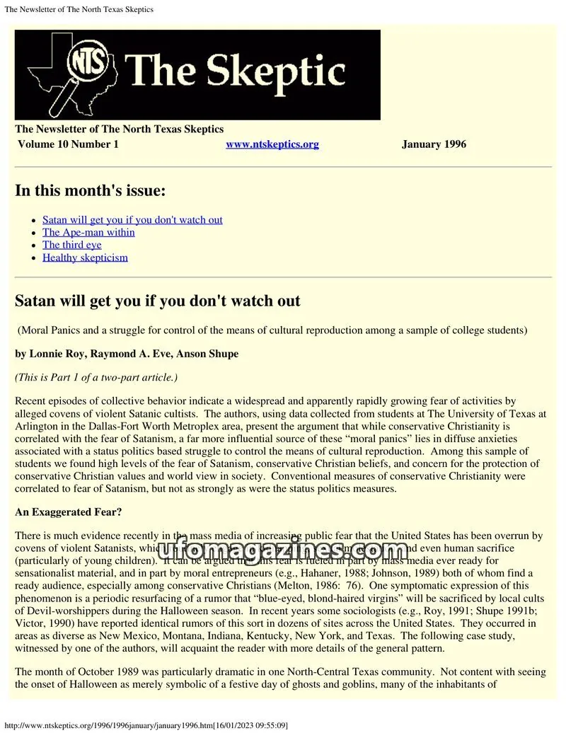 Cover of North Texas Skeptic issue Volume 10 Number 1: The Newsletter of The North Texas Skeptics