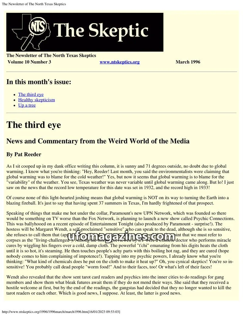Cover of North Texas Skeptic issue Volume 10 Number 3: The Newsletter of The North Texas Skeptics