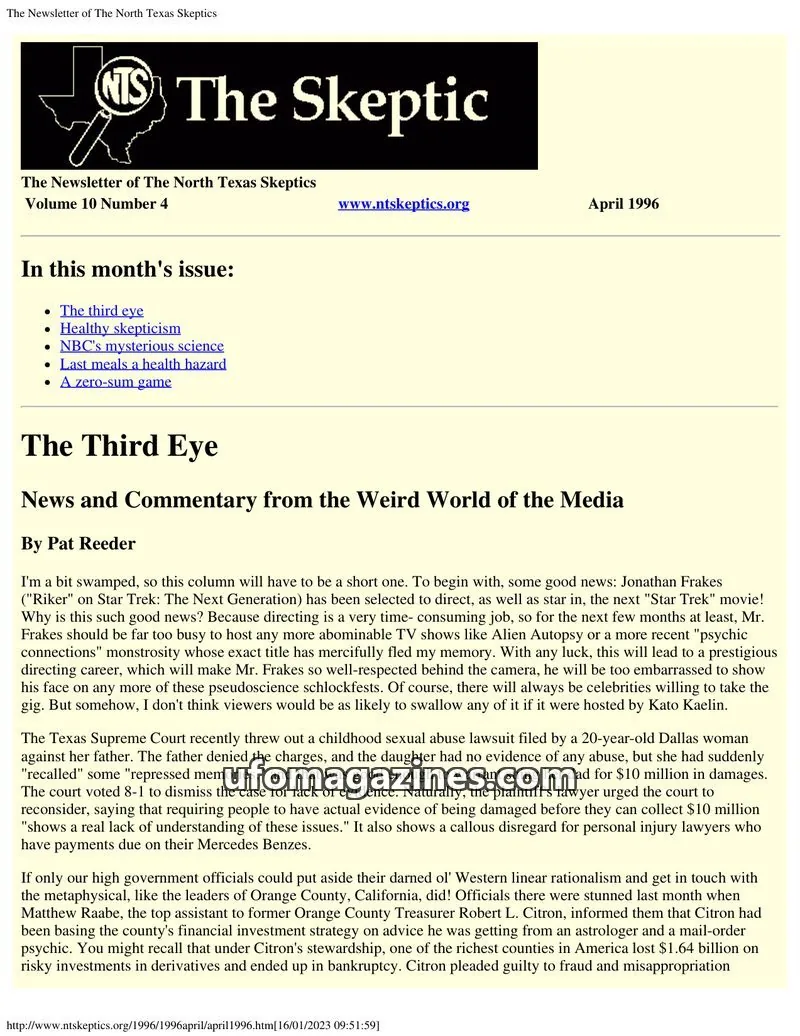 Cover of North Texas Skeptic issue 10 Number 4: The Newsletter of The North Texas Skeptics