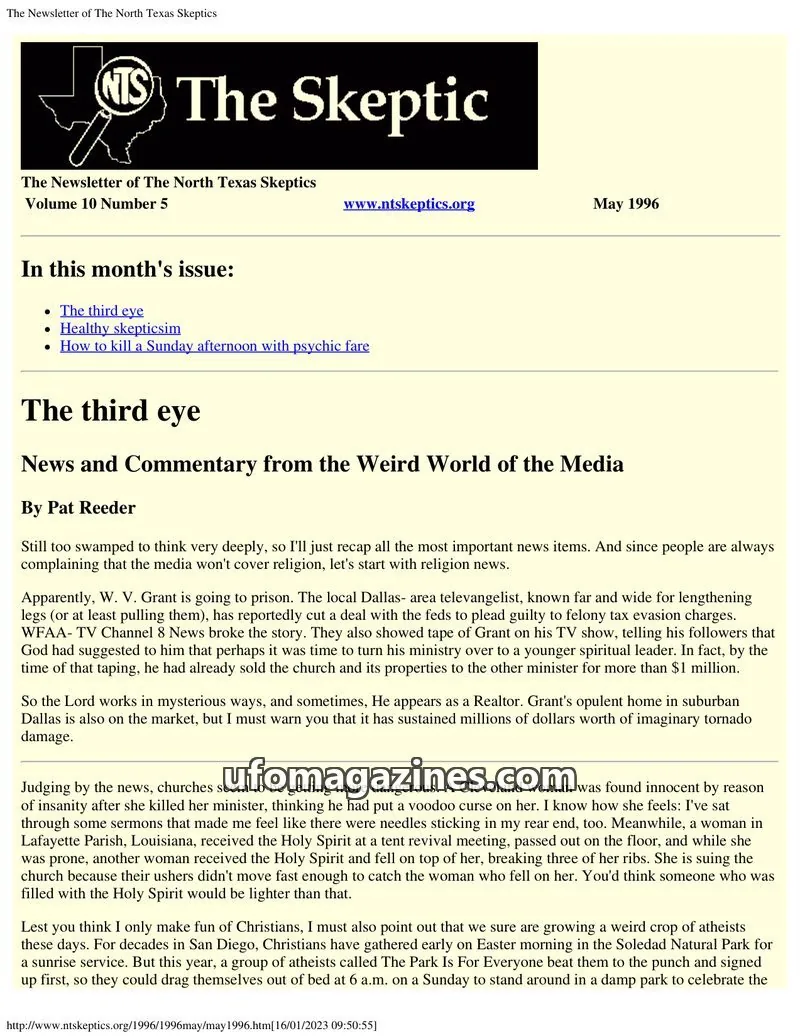 Cover of North Texas Skeptic issue Volume 10 Number 5: The Newsletter of The North Texas Skeptics