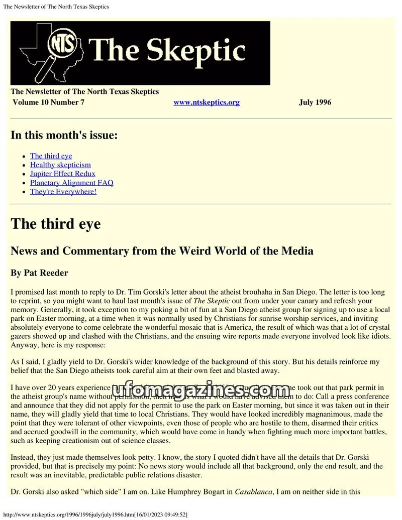 Cover of North Texas Skeptic issue Number 7: The Skeptic