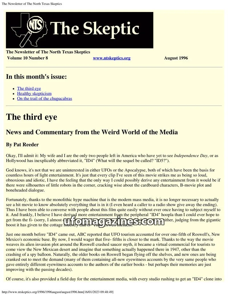 Cover of North Texas Skeptic issue Volume 10 Number 8: The Newsletter of The North Texas Skeptics