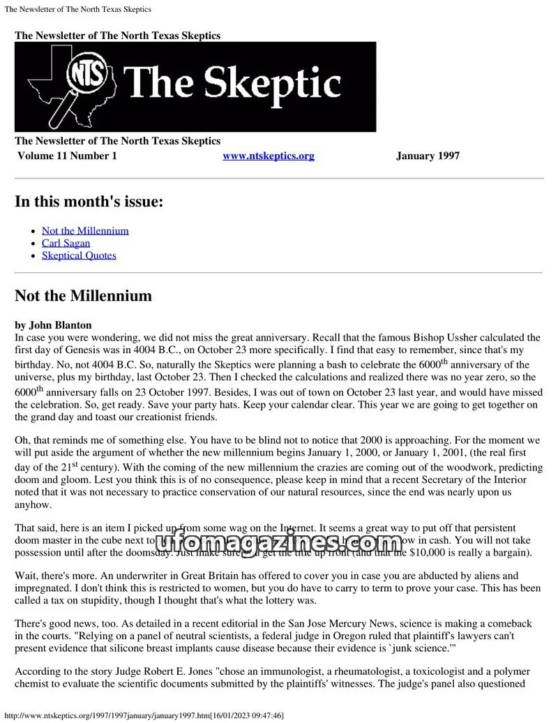 Cover of North Texas Skeptic issue Volume 11 Number 1: The Newsletter of The North Texas Skeptics