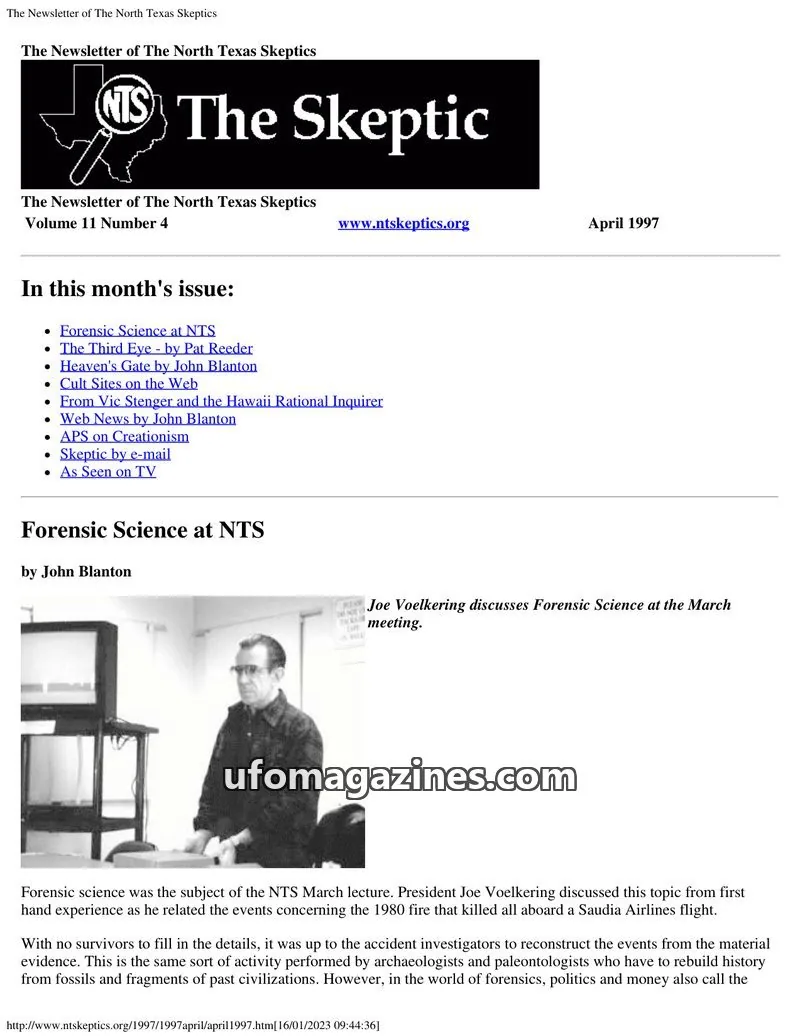 Cover of North Texas Skeptic issue Volume 11 Number 4: The Newsletter of The North Texas Skeptics