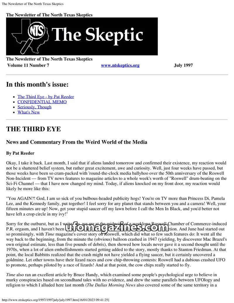 Cover of North Texas Skeptic issue 11 Number 7: The Newsletter of The North Texas Skeptics
