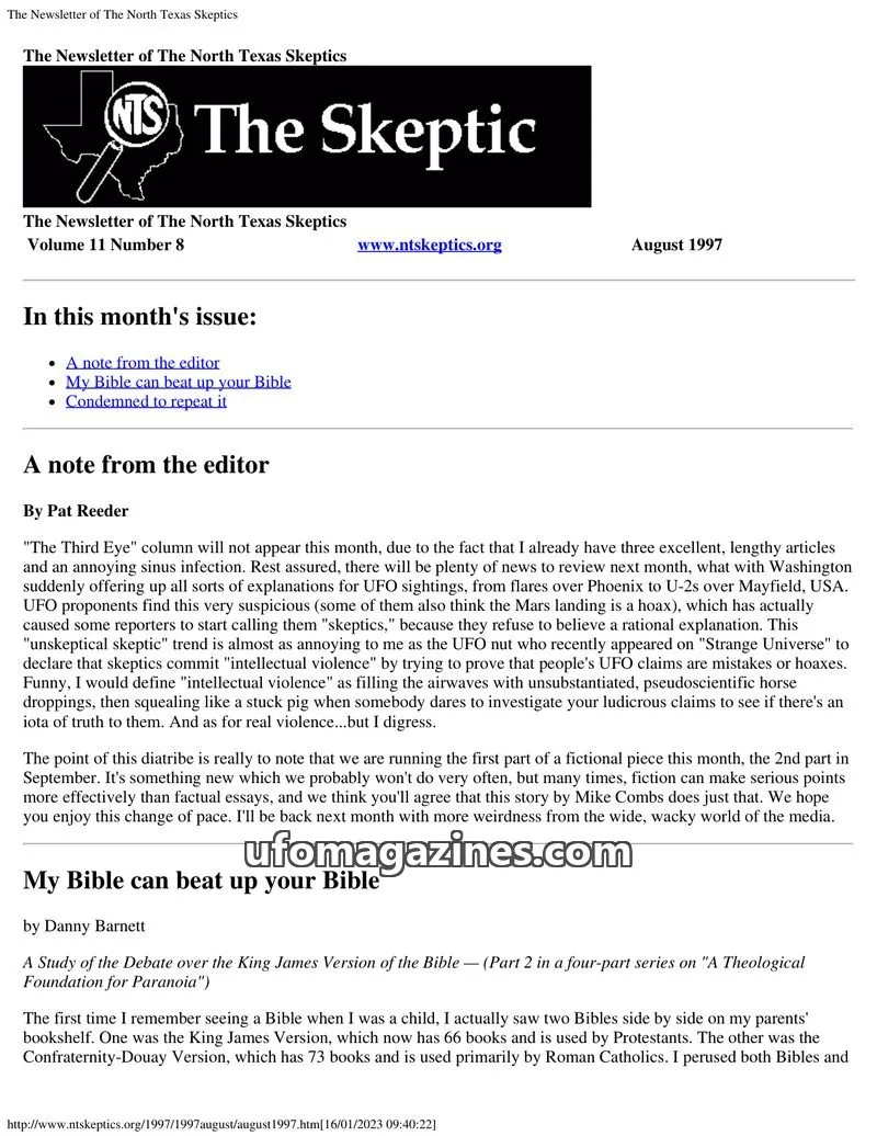 Cover of North Texas Skeptic issue Volume 11 Number 8: The Newsletter of The North Texas Skeptics
