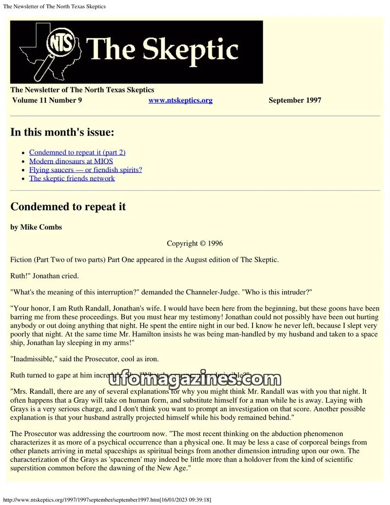 Cover of North Texas Skeptic issue Volume 11 Number 9: The Newsletter of The North Texas Skeptics
