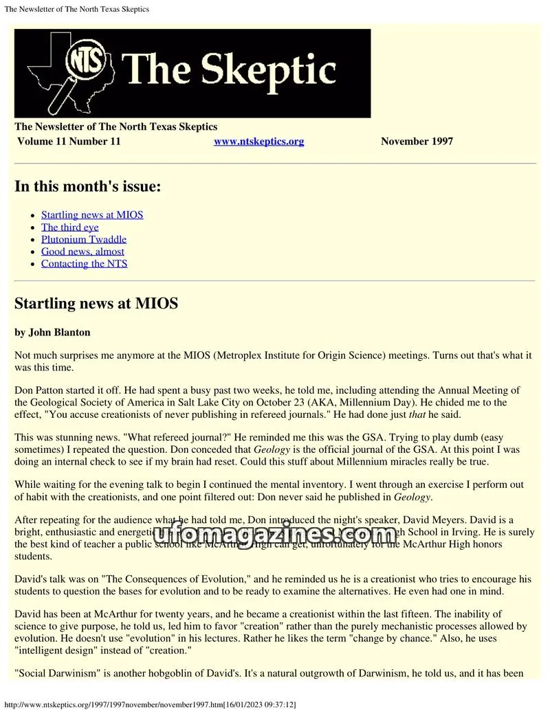 Cover of North Texas Skeptic issue 11: The Newsletter of The North Texas Skeptics
