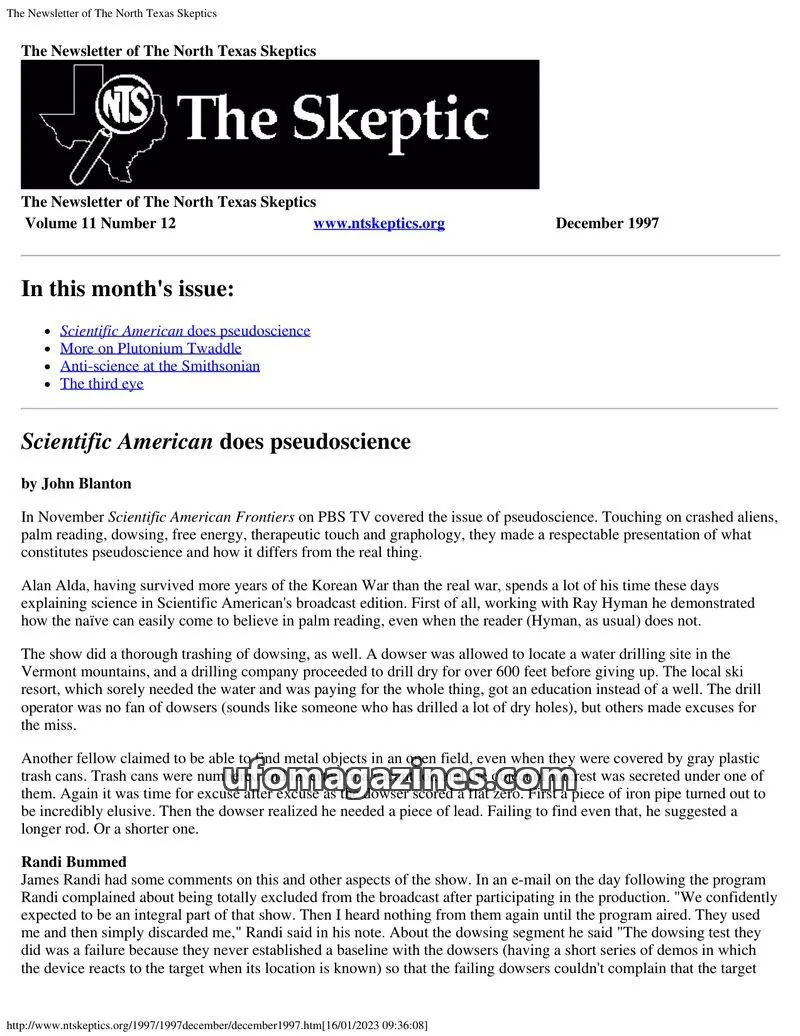 Cover of North Texas Skeptic issue 12: The Newsletter of The North Texas Skeptics