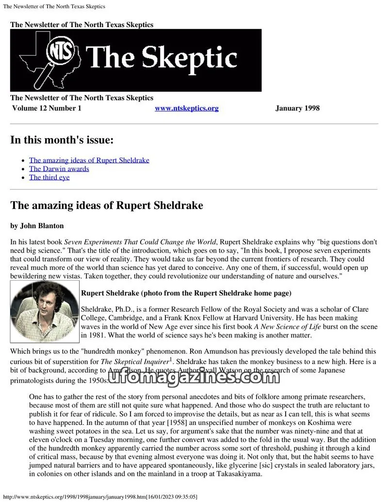 Cover of North Texas Skeptic issue 12 Number 1: The Newsletter of The North Texas Skeptics