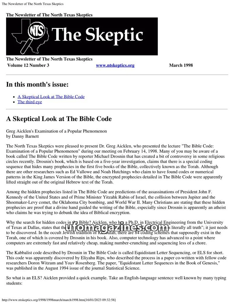 Cover of North Texas Skeptic issue 12 Number 3: The Newsletter of The North Texas Skeptics