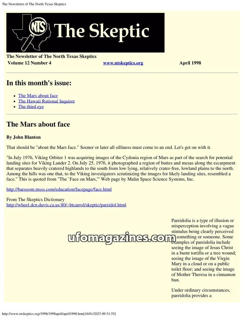 Cover of North Texas Skeptic issue 12 Number 4: The Skeptic