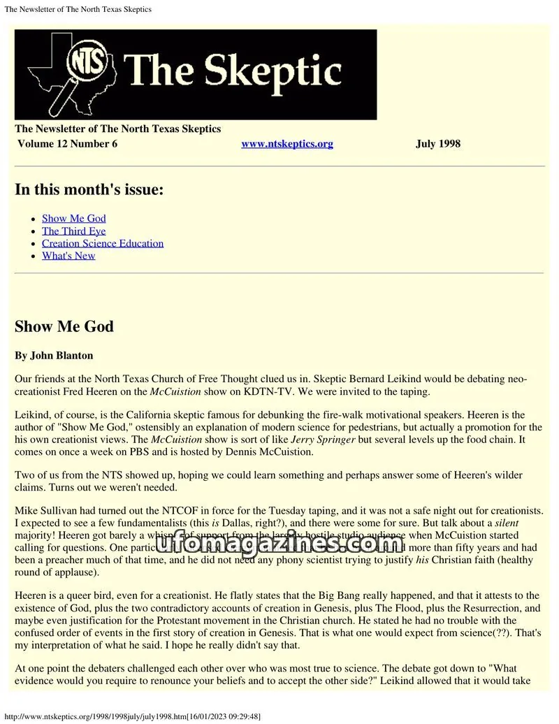 Cover of North Texas Skeptic issue Volume 12 Number 6: The Newsletter of The North Texas Skeptics