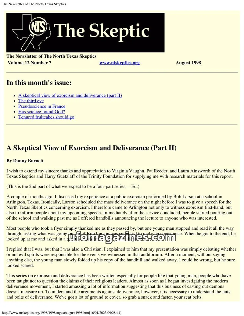 Cover of North Texas Skeptic issue 12 Number 7: The Newsletter of The North Texas Skeptics