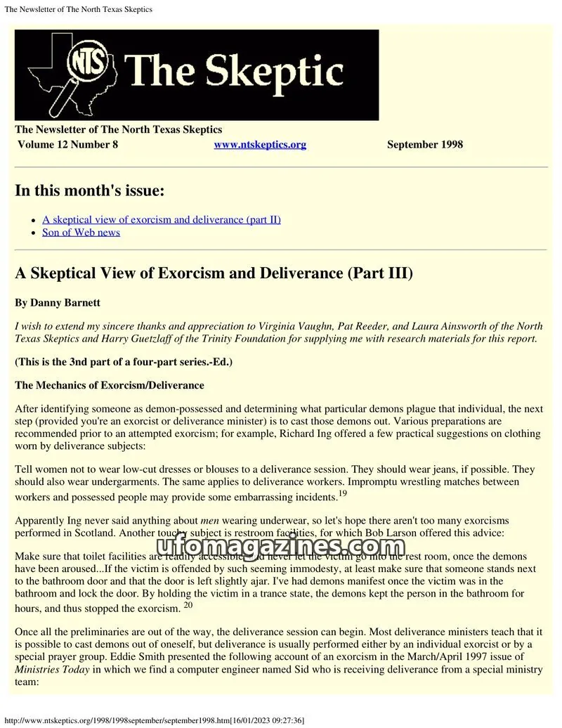 Cover of North Texas Skeptic issue 12 Number 8: The Newsletter of The North Texas Skeptics
