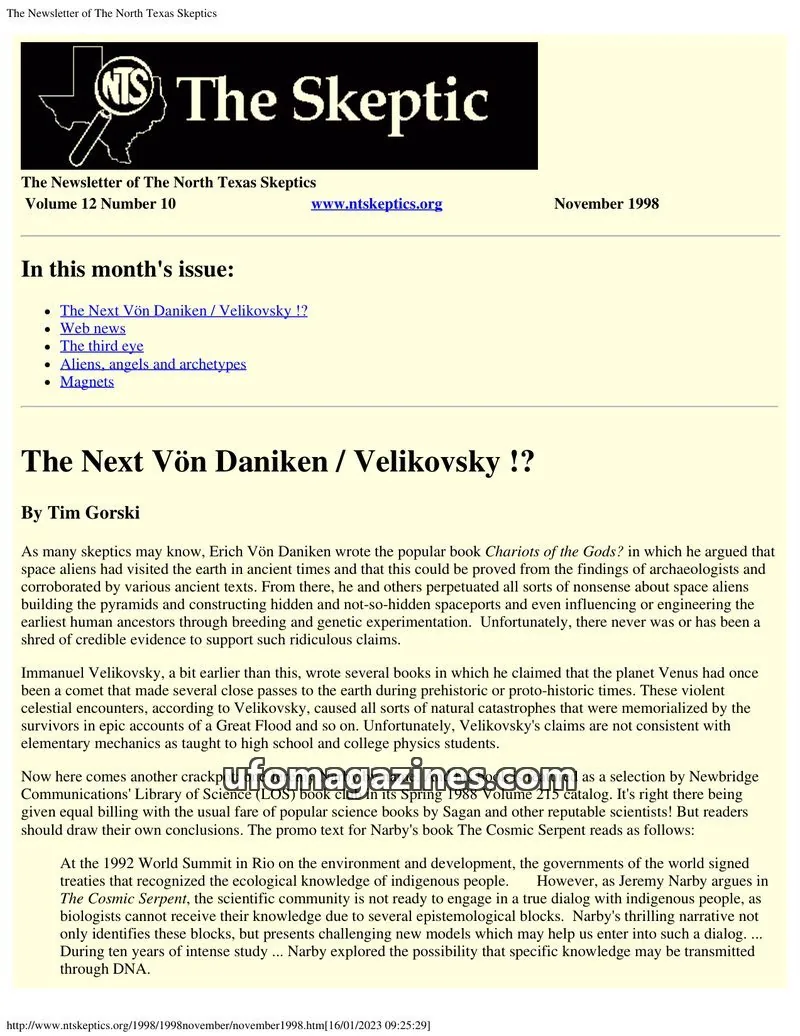 Cover of North Texas Skeptic issue Volume 12 Number 10: The Newsletter of The North Texas Skeptics