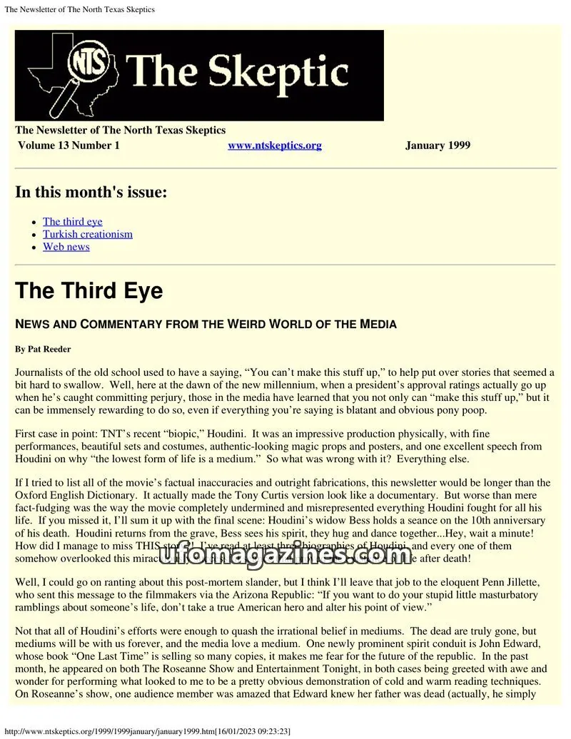 Cover of North Texas Skeptic issue 13 Number 1: The Newsletter of The North Texas Skeptics
