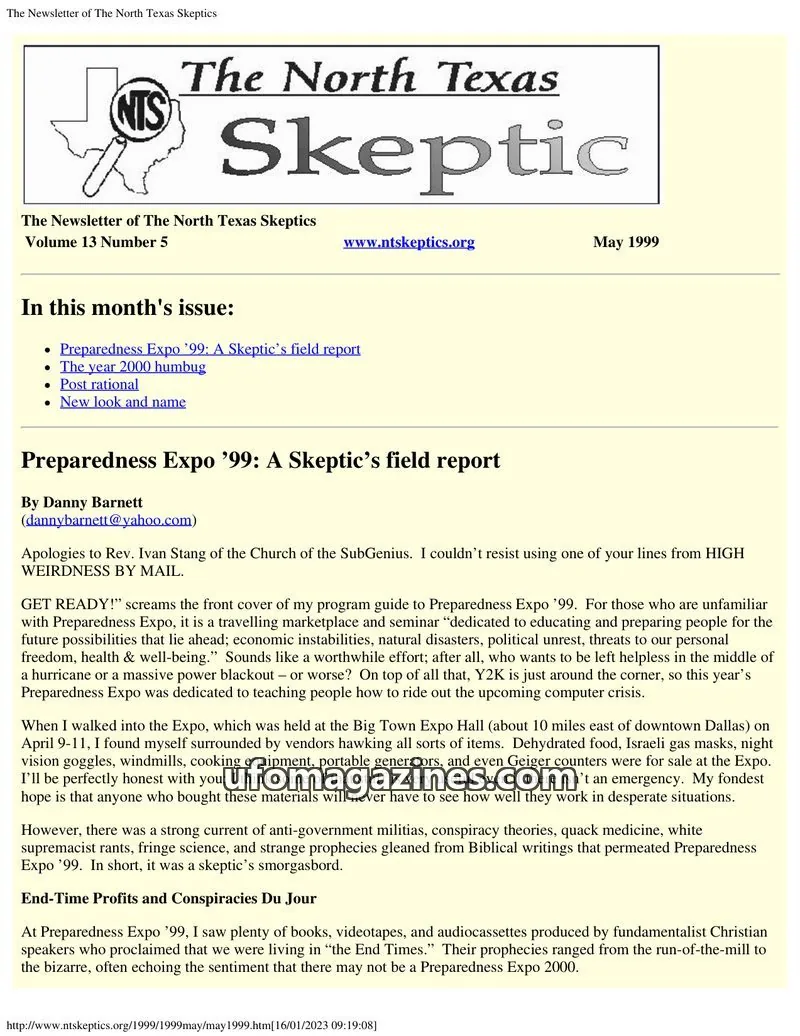 Cover of North Texas Skeptic issue Volume 13 Number 5: The Newsletter of The North Texas Skeptics