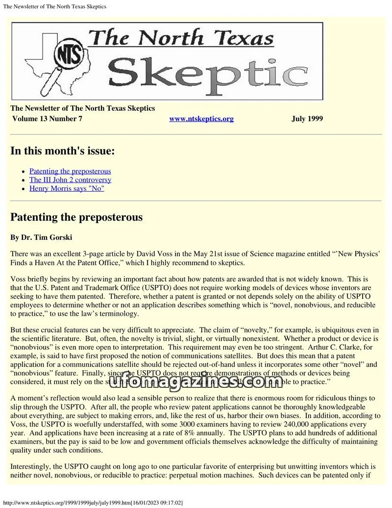 Cover of North Texas Skeptic issue 7: The North Texas Skeptic