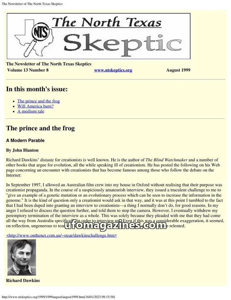 Cover of North Texas Skeptic issue Volume 13 Number 8: The North Texas Skeptic
