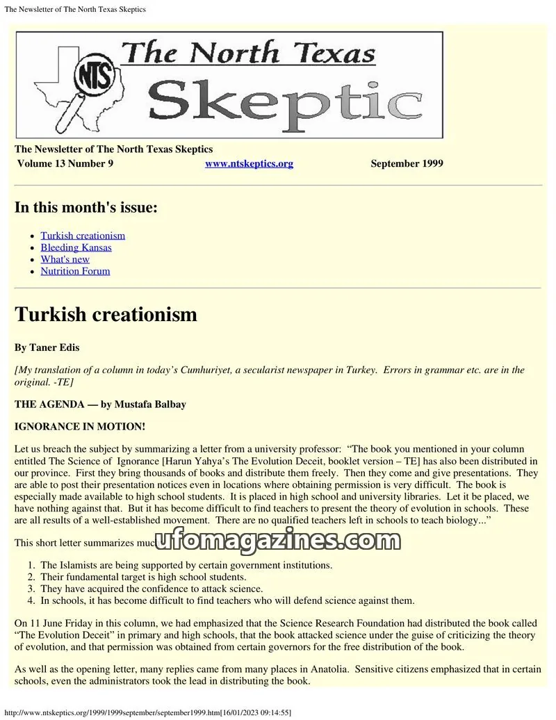 Cover of North Texas Skeptic issue Volume 13 Number 9: The North Texas Skeptic