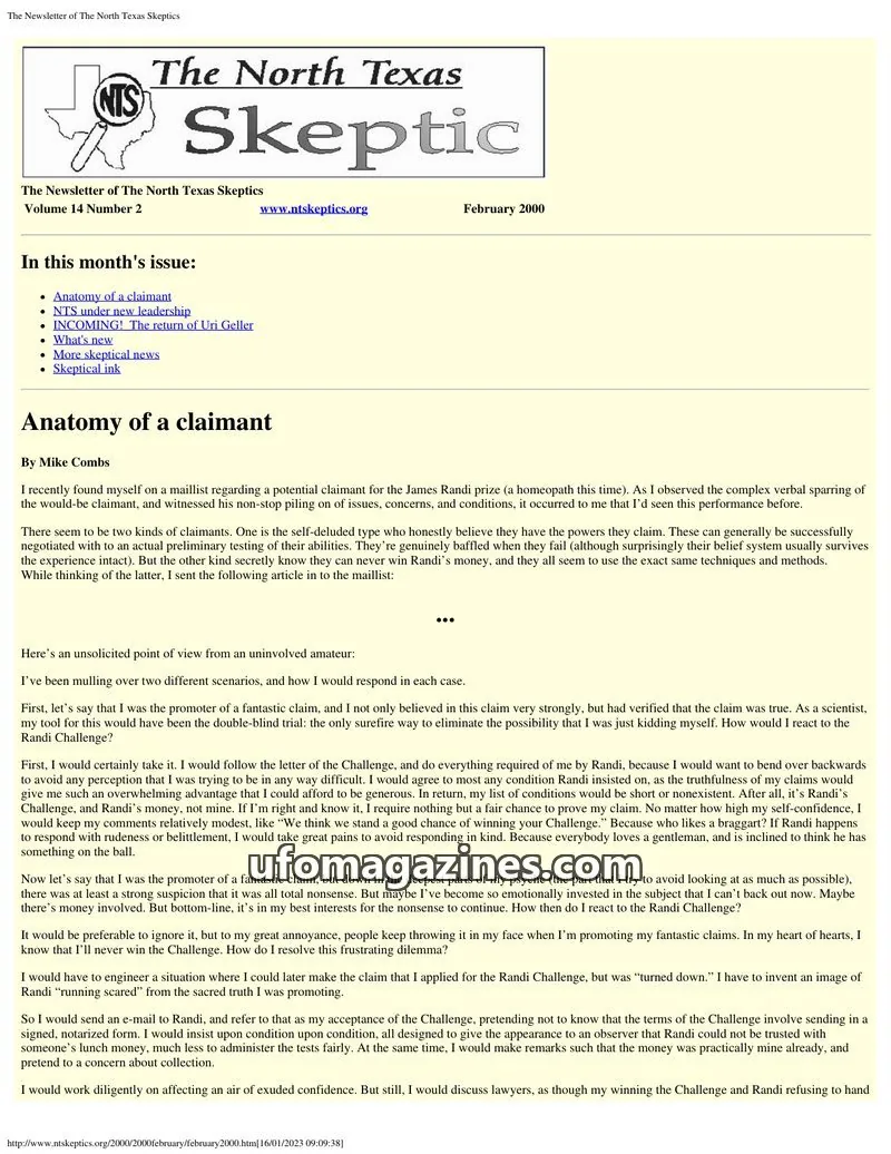 Cover of North Texas Skeptic issue 2: The North Texas Skeptics