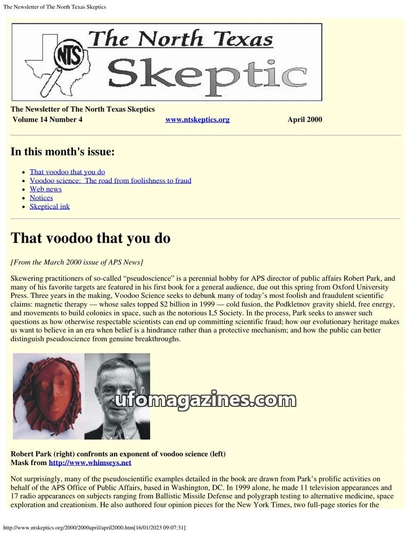 Cover of North Texas Skeptic issue Volume 14 Number 4: The Newsletter of The North Texas Skeptics