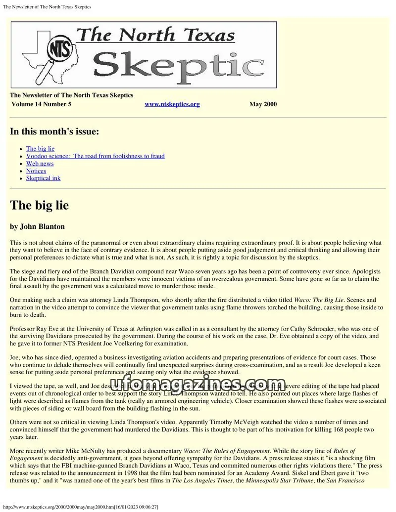 Cover of North Texas Skeptic issue Volume 14 Number 5: The North Texas Skeptic