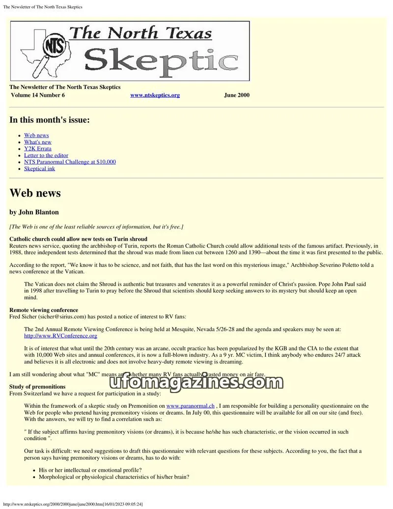 Cover of North Texas Skeptic issue Volume 14 Number 6: The North Texas Skeptic