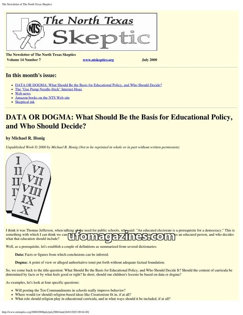 Cover of North Texas Skeptic issue Volume 14 Number 7: The North Texas Skeptic