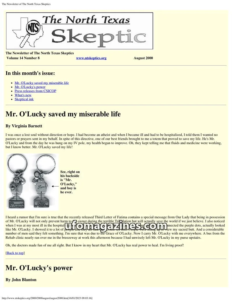Cover of North Texas Skeptic issue Volume 14 Number 8: The North Texas Skeptic