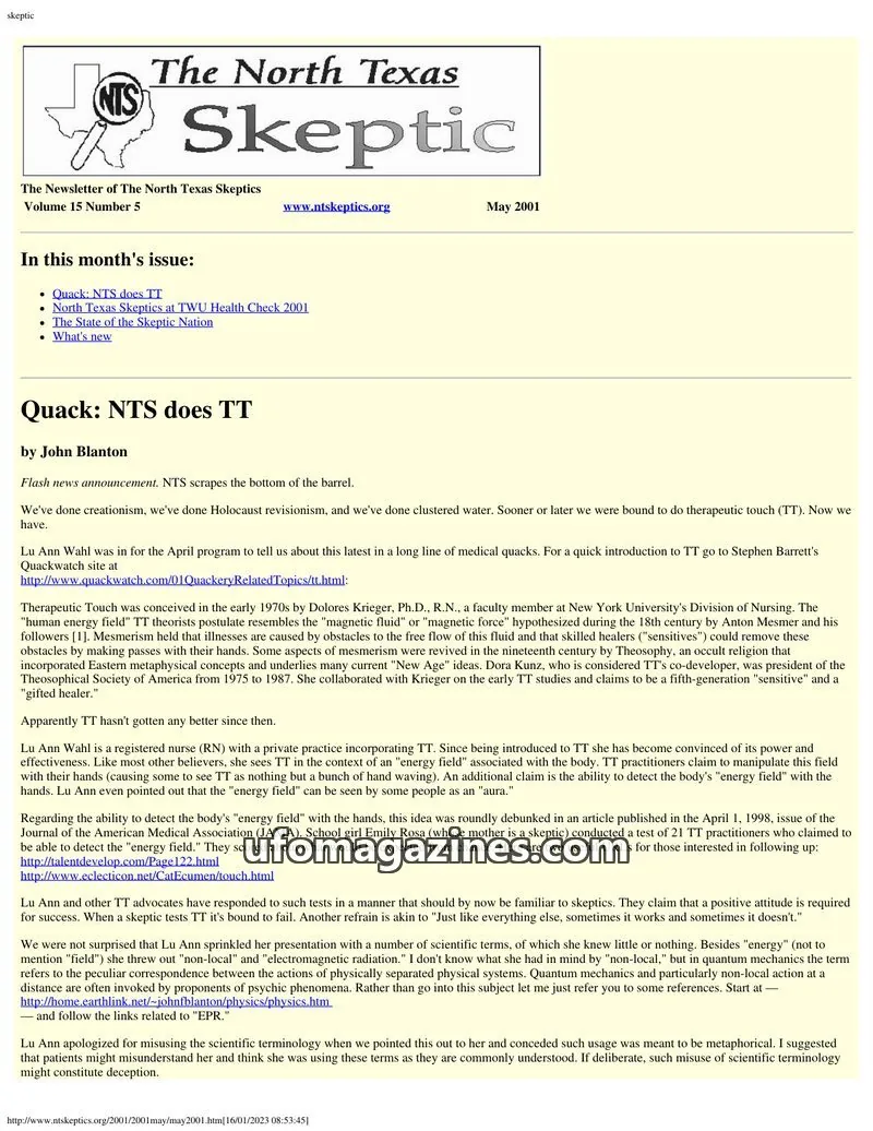 Cover of North Texas Skeptic issue Volume 15 Number 5: The North Texas Skeptic