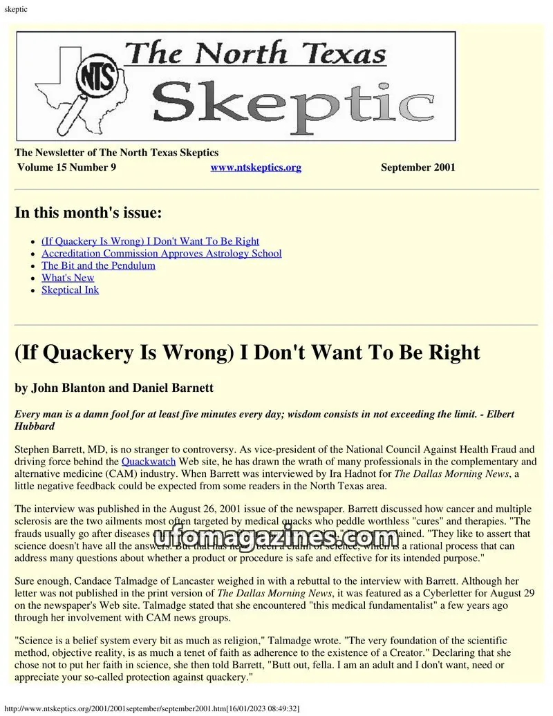 Cover of North Texas Skeptic issue 15 Number 9: The North Texas Skeptic