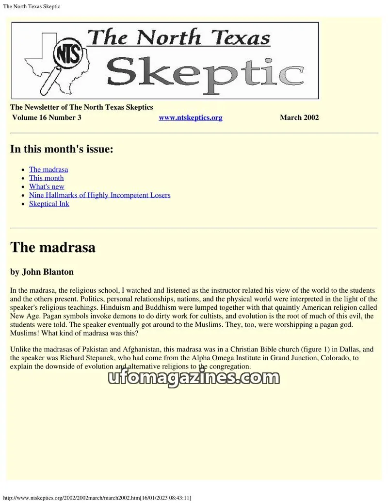 Cover of North Texas Skeptic issue 3: The North Texas Skeptic