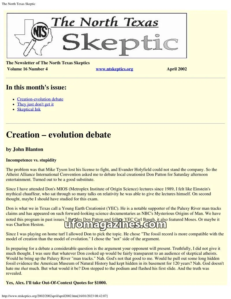 Cover of North Texas Skeptic issue Volume 16 Number 4: The North Texas Skeptic