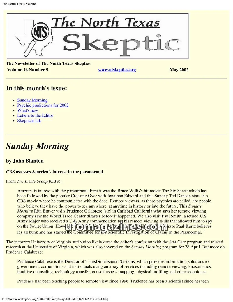 Cover of North Texas Skeptic issue Volume 16 Number 5: The North Texas Skeptic