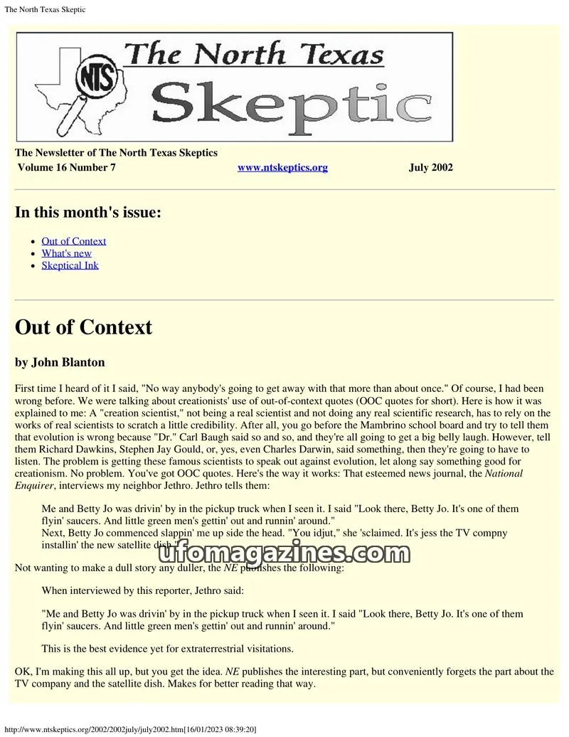 Cover of North Texas Skeptic issue 16 Number 7: The North Texas Skeptic