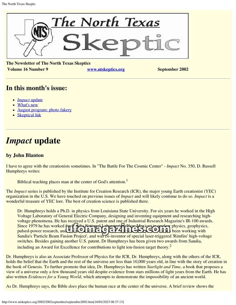 Cover of North Texas Skeptic issue 16 Number 9: The North Texas Skeptic