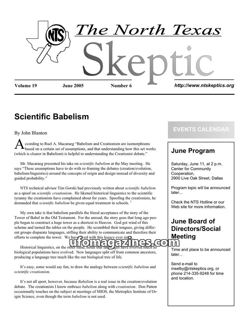 Cover of North Texas Skeptic - Vol 19 No 06 - 2005