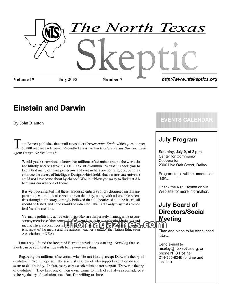 Cover of North Texas Skeptic - Vol 19 No 07 - 2005