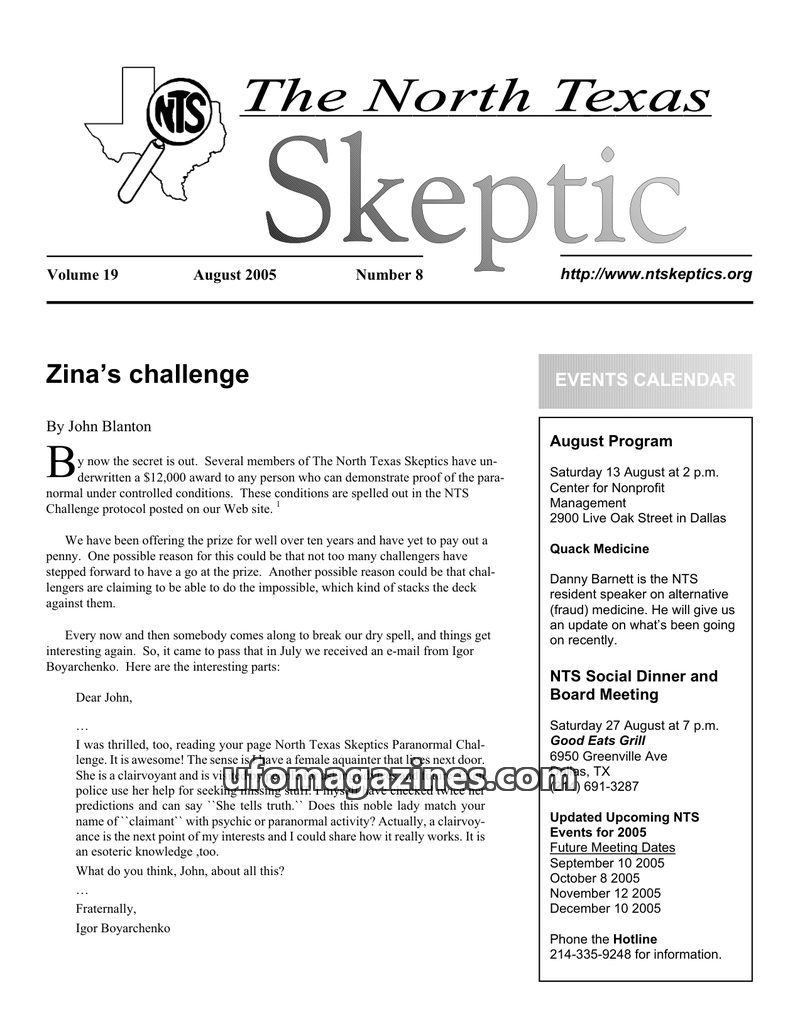 Cover of North Texas Skeptic - Vol 19 No 08 - 2005