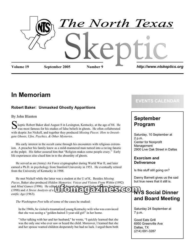 Cover of North Texas Skeptic - Vol 19 No 09 - 2005