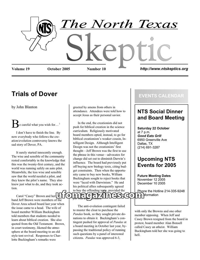 Cover of North Texas Skeptic - Vol 19 No 10 - 2005