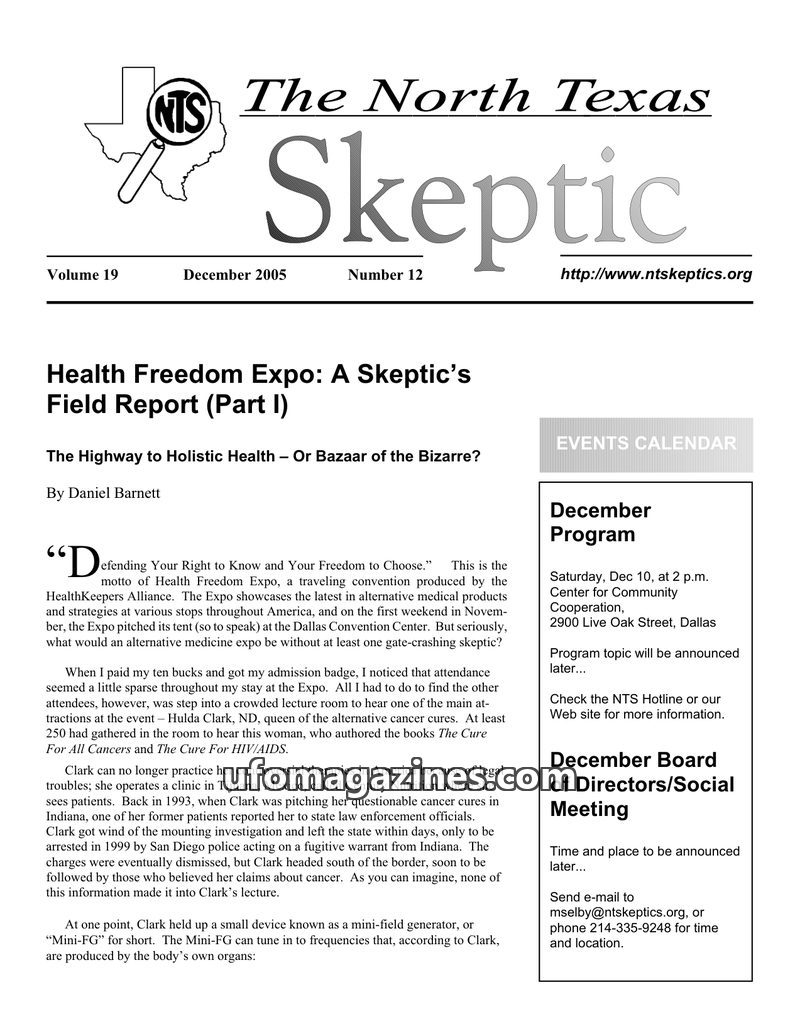 Cover of North Texas Skeptic - Vol 19 No 12 - 2005